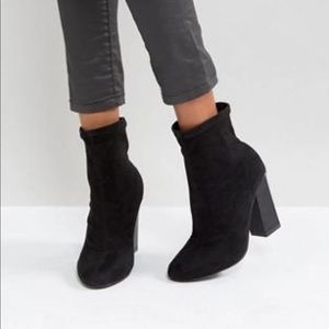 Black suede block heel square toe boots